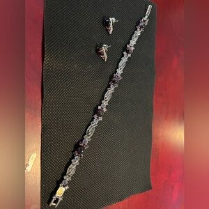 Vintage Art Deco Amethyst Marcasite Silver Tone earrings & Bracelet 7.5 lovely